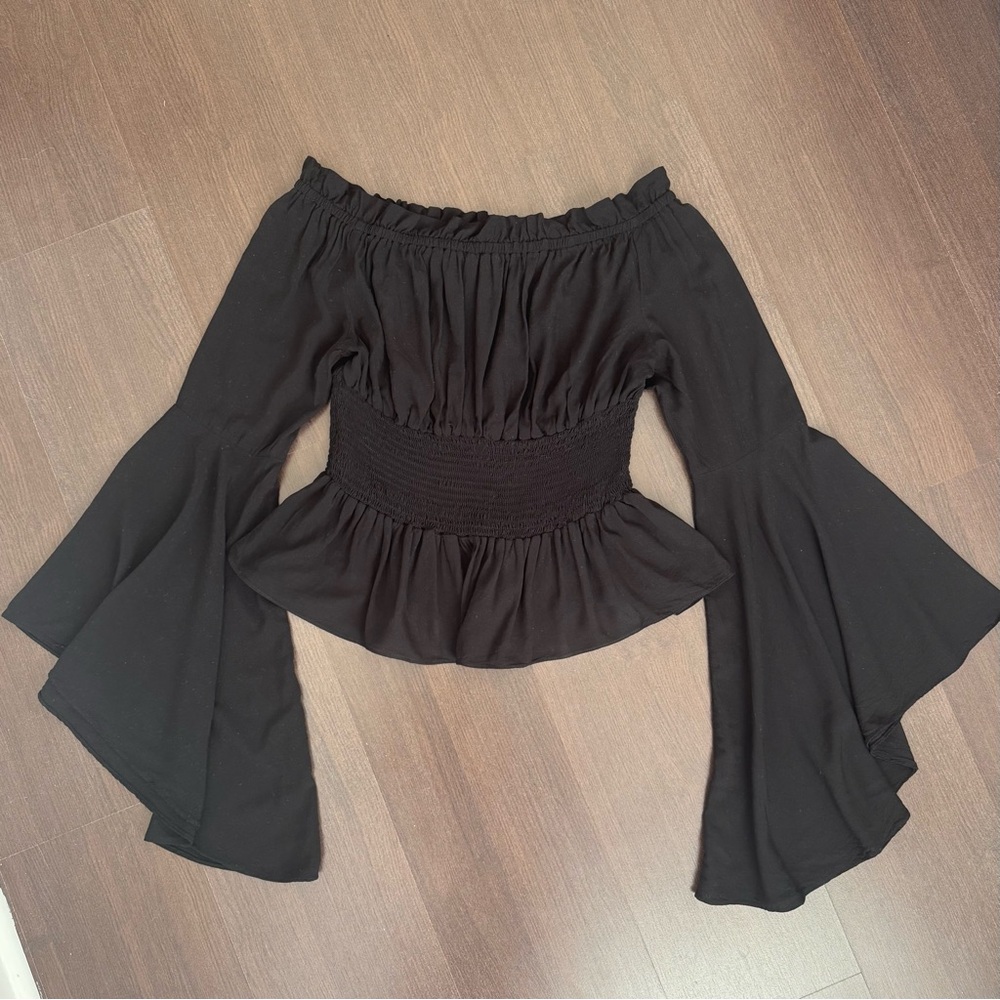 Belle Poque Black Off-Shoulder Bell Sleeve Top size S